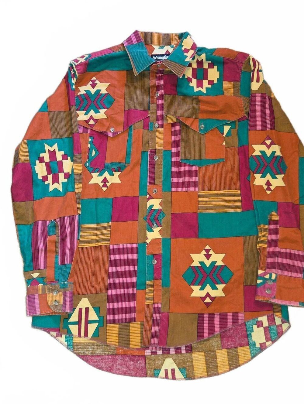 Vtg Wrangler Western Aztec All Over Print Button Up Shirt mens Large 16 16 1/2